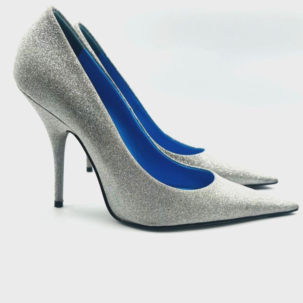 Balenciaga Silver Glitter Pointed Toe Stiletto Pumps Size 38 Blue Leather